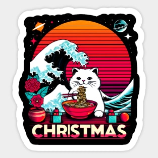 CUTE WHITE CAT EATING RAMEN WAVE JAPANESE Sticker